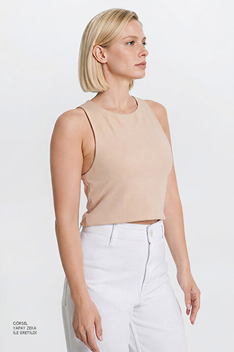 Standart Fit Normal Kesim Bisiklet Yaka Crop Bej Body resmi