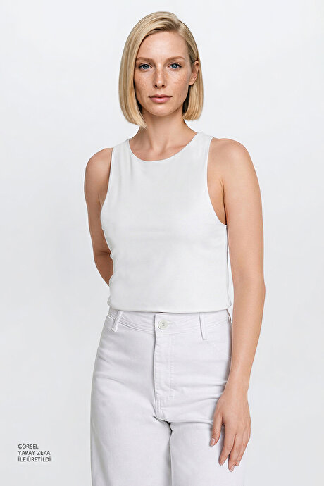 Standart Fit Normal Kesim Bisiklet Yaka Crop Ekru Body resmi