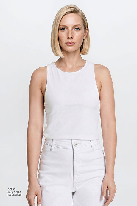 Standart Fit Normal Kesim Bisiklet Yaka Crop Ekru Body resmi
