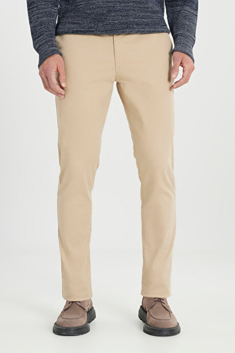 Pamuklu Slim Fit Dar Kesim Yan Cepli Esnek Bej Chino Pantolon resmi