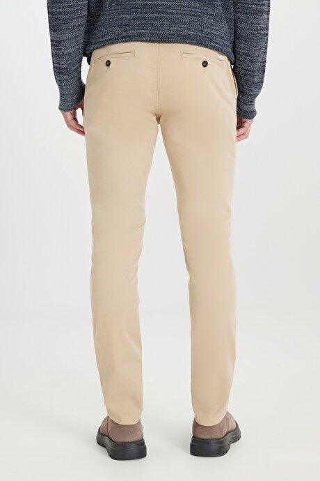 Pamuklu Slim Fit Dar Kesim Yan Cepli Esnek Bej Chino Pantolon resmi