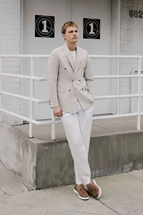 Yumuşak Dokulu Slim Fit Dar Kesim Beli Bağlamalı Yan Cepli Diagonal Desenli Ekru Pantolon resmi