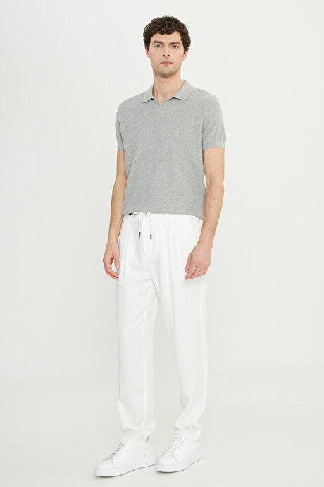 Yumuşak Dokulu Slim Fit Dar Kesim Beli Bağlamalı Yan Cepli Diagonal Desenli Ekru Pantolon resmi