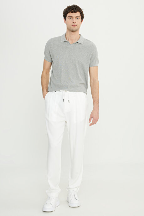 Yumuşak Dokulu Slim Fit Dar Kesim Beli Bağlamalı Yan Cepli Diagonal Desenli Ekru Pantolon resmi