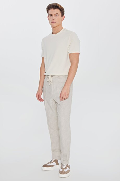 Pamuklu Keten Slim Fit Dar Kesim Beli Bağlamalı Çizgili Bej Pantolon resmi
