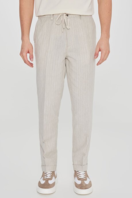 Pamuklu Keten Slim Fit Dar Kesim Beli Bağlamalı Çizgili Bej Pantolon resmi