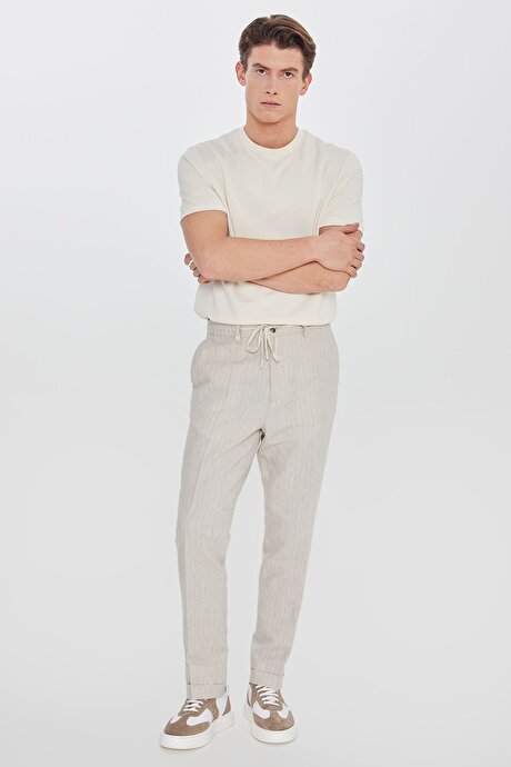 Pamuklu Keten Slim Fit Dar Kesim Beli Bağlamalı Çizgili Bej Pantolon resmi