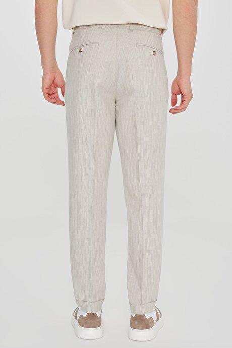 Pamuklu Keten Slim Fit Dar Kesim Beli Bağlamalı Çizgili Bej Pantolon resmi