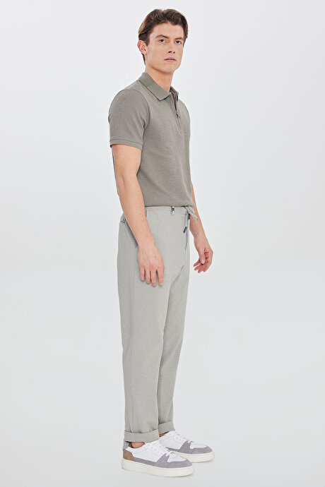 Slim Fit Dar Kesim Beli Bağlamalı Gofre Desenli Yan Cep Casual Gri Pantolon resmi