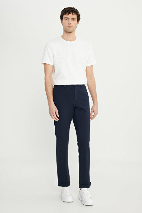 Pamuklu Slim Fit Dar Kesim Beli Bağlamalı Yan Cepli Esnek Lacivert Pantolon resmi