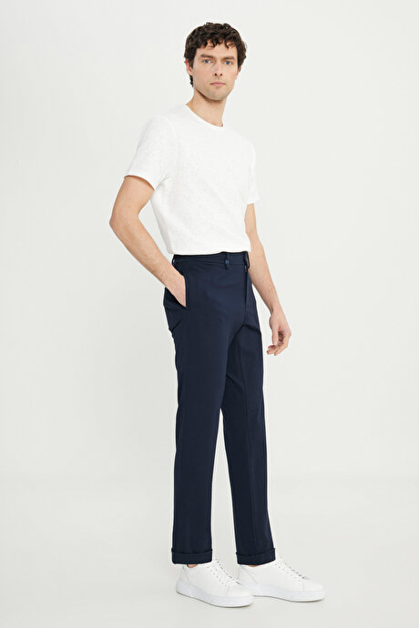 Pamuklu Slim Fit Dar Kesim Beli Bağlamalı Yan Cepli Esnek Lacivert Pantolon resmi