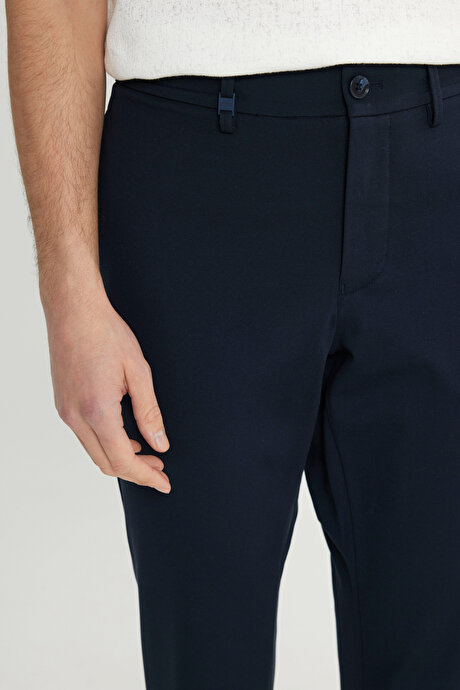 Pamuklu Slim Fit Dar Kesim Beli Bağlamalı Yan Cepli Esnek Lacivert Pantolon resmi