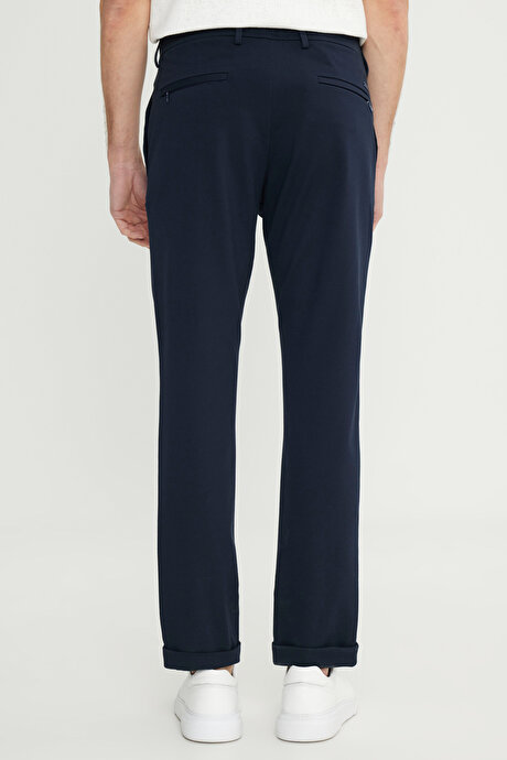 Pamuklu Slim Fit Dar Kesim Beli Bağlamalı Yan Cepli Esnek Lacivert Pantolon resmi