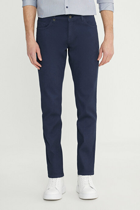 Pamuklu Slim Fit Dar Kesim 5 Cep Armürlü Esnek Casual Lacivert Pantolon resmi