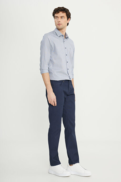 Pamuklu Slim Fit Dar Kesim 5 Cep Armürlü Esnek Casual Lacivert Pantolon resmi