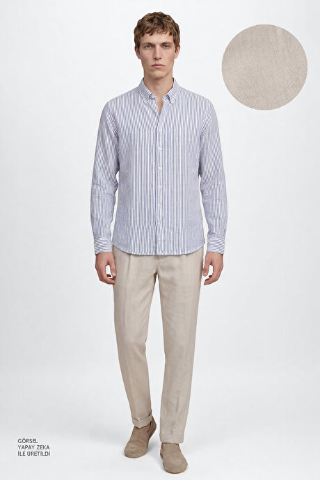 Keten Slim Fit Dar Kesim Yan Cepli Esnek Bej Pantolon resmi