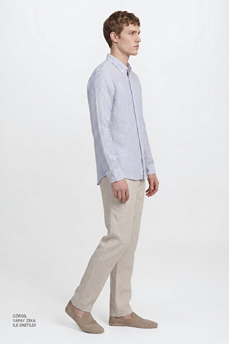Keten Slim Fit Dar Kesim Yan Cepli Esnek Bej Pantolon resmi