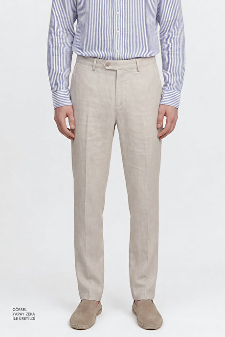Keten Slim Fit Dar Kesim Yan Cepli Esnek Bej Pantolon resmi