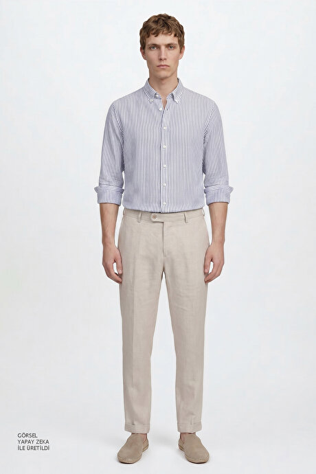 Keten Slim Fit Dar Kesim Yan Cepli Esnek Bej Pantolon resmi