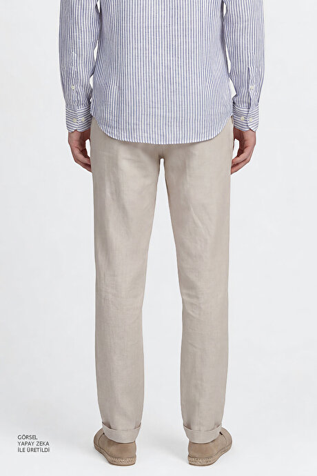 Keten Slim Fit Dar Kesim Yan Cepli Esnek Bej Pantolon resmi