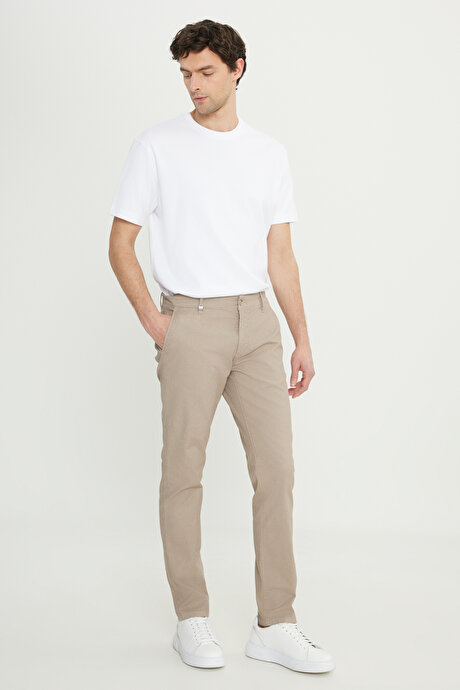 Pamuklu Slim Fit Dar Kesim Yan Cepli Armürlü Esnek Casual Bej Pantolon resmi