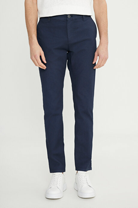 Pamuklu Slim Fit Dar Kesim Yan Cepli Armürlü Esnek Casual Lacivert Pantolon resmi