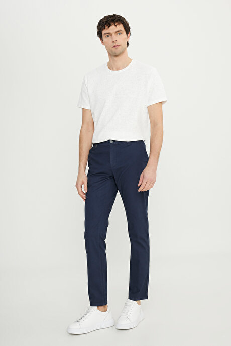 Pamuklu Slim Fit Dar Kesim Yan Cepli Armürlü Esnek Casual Lacivert Pantolon resmi