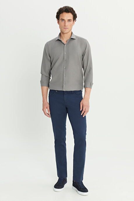 Pamuklu Slim Fit Dar Kesim 5 Cep Armürlü Casual Lacivert Pantolon resmi