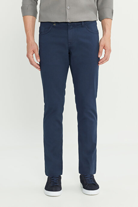 Pamuklu Slim Fit Dar Kesim 5 Cep Armürlü Casual Lacivert Pantolon resmi