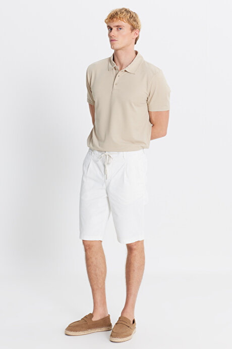 Pamuklu Slim Fit Dar Kesim Beli Bağlamalı Yan Cepli Esnek Beyaz Şort resmi