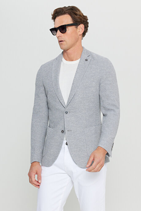 Pamuklu Slim Fit Dar Kesim Mono Yaka Torba Cepli Armürlü Blazer Gri Ceket resmi
