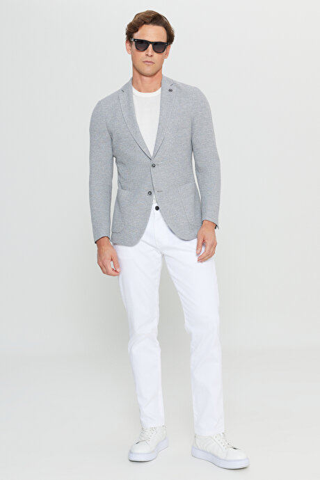 Pamuklu Slim Fit Dar Kesim Mono Yaka Torba Cepli Armürlü Blazer Gri Ceket resmi