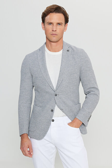 Pamuklu Slim Fit Dar Kesim Mono Yaka Torba Cepli Armürlü Blazer Gri Ceket resmi