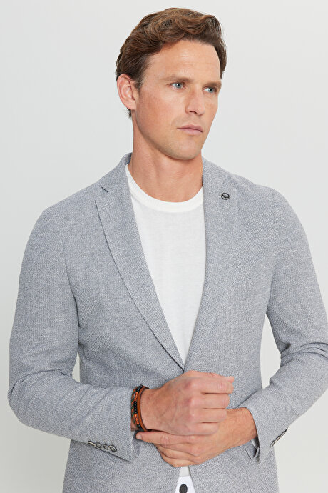 Pamuklu Slim Fit Dar Kesim Mono Yaka Torba Cepli Armürlü Blazer Gri Ceket resmi
