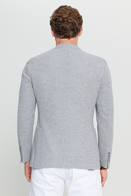 Pamuklu Slim Fit Dar Kesim Mono Yaka Torba Cepli Armürlü Blazer Gri Ceket resmi