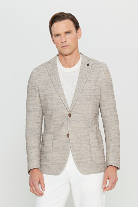 Pamuklu Slim Fit Dar Kesim Mono Yaka Armürlü Torba Cepli Blazer Bej Ceket resmi