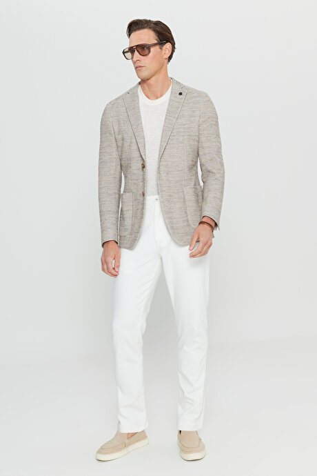 Pamuklu Slim Fit Dar Kesim Mono Yaka Armürlü Torba Cepli Blazer Bej Ceket resmi