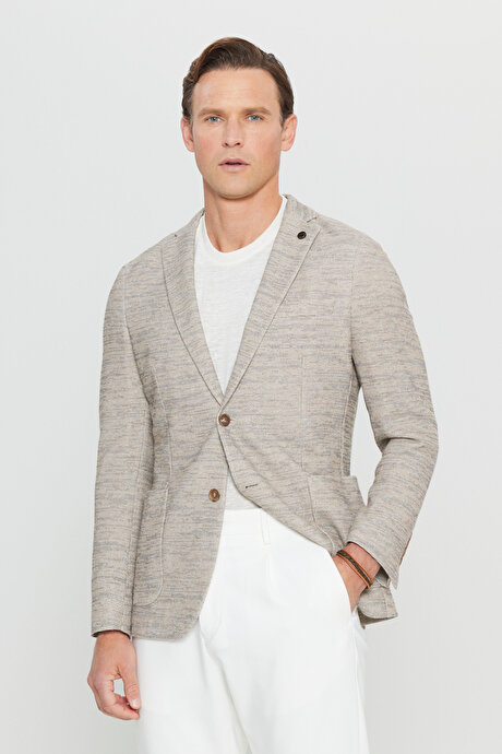 Pamuklu Slim Fit Dar Kesim Mono Yaka Armürlü Torba Cepli Blazer Bej Ceket resmi