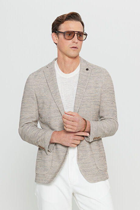 Pamuklu Slim Fit Dar Kesim Mono Yaka Armürlü Torba Cepli Blazer Bej Ceket resmi