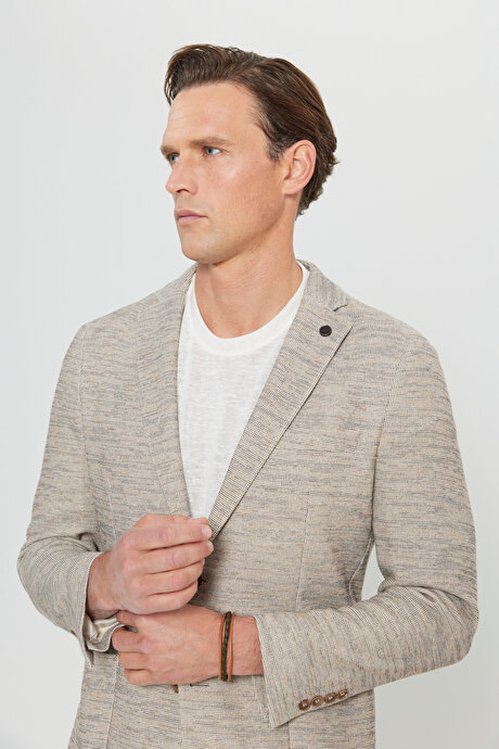 Pamuklu Slim Fit Dar Kesim Mono Yaka Armürlü Torba Cepli Blazer Bej Ceket resmi