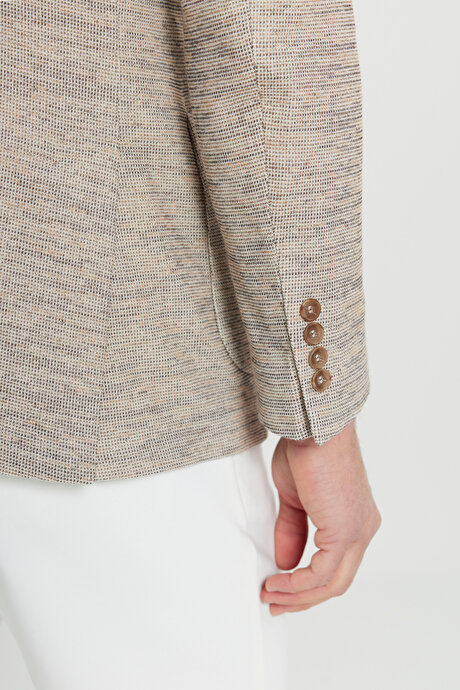 Pamuklu Slim Fit Dar Kesim Mono Yaka Armürlü Torba Cepli Blazer Bej Ceket resmi