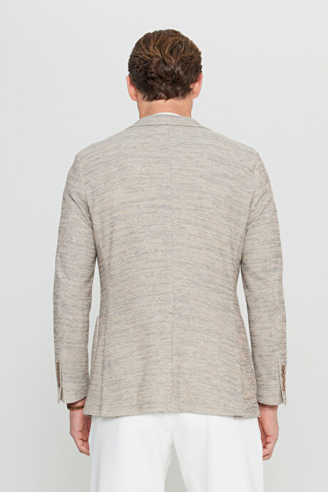 Pamuklu Slim Fit Dar Kesim Mono Yaka Armürlü Torba Cepli Blazer Bej Ceket resmi