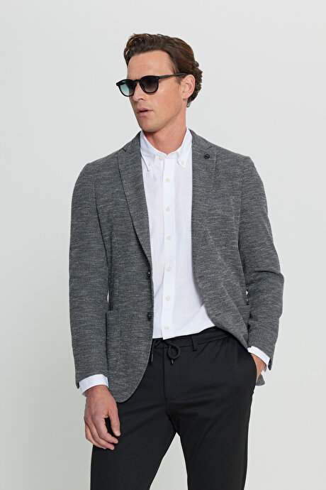 Pamuklu Slim Fit Dar Kesim Mono Yaka Torba Cepli Armürlü Blazer Siyah Ceket resmi