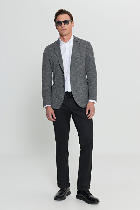 Pamuklu Slim Fit Dar Kesim Mono Yaka Torba Cepli Armürlü Blazer Siyah Ceket resmi