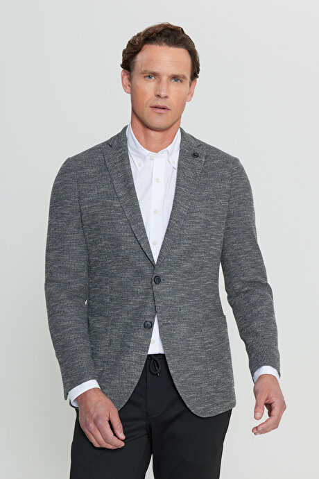 Pamuklu Slim Fit Dar Kesim Mono Yaka Torba Cepli Armürlü Blazer Siyah Ceket resmi