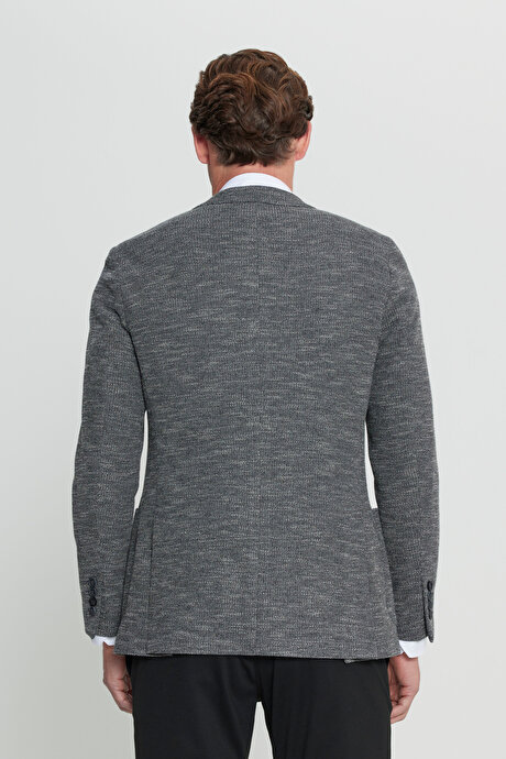 Pamuklu Slim Fit Dar Kesim Mono Yaka Torba Cepli Armürlü Blazer Siyah Ceket resmi