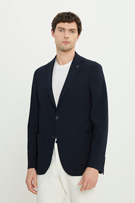 Slim Fit Dar Kesim Mono Yaka Kapak Cepli Gofre Desenli Blazer Lacivert Ceket resmi