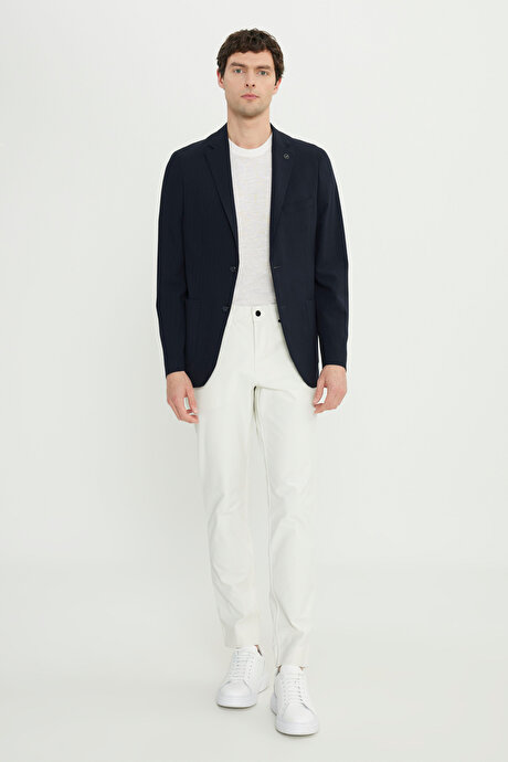 Slim Fit Dar Kesim Mono Yaka Kapak Cepli Gofre Desenli Blazer Lacivert Ceket resmi