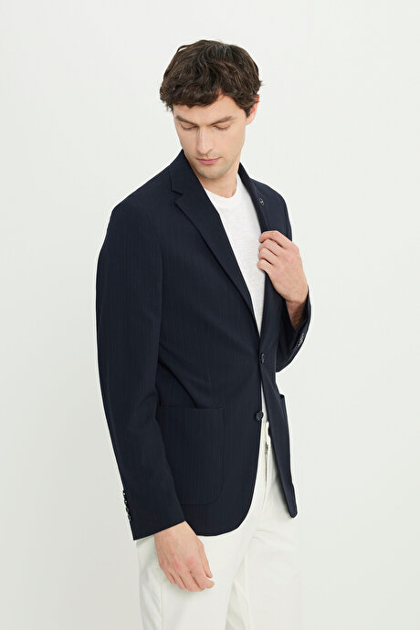 Slim Fit Dar Kesim Mono Yaka Kapak Cepli Gofre Desenli Blazer Lacivert Ceket resmi