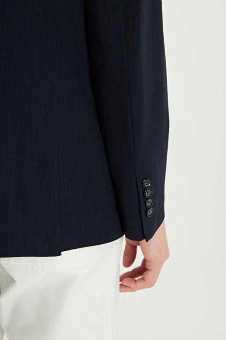 Slim Fit Dar Kesim Mono Yaka Kapak Cepli Gofre Desenli Blazer Lacivert Ceket resmi